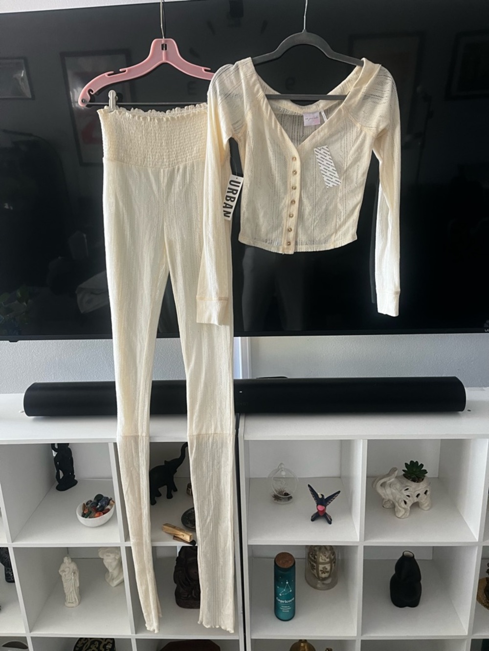 URBAN OUTFITTERS Sheer Cream Ribbed High-Waist Flare Pants & Button Cardigan Set